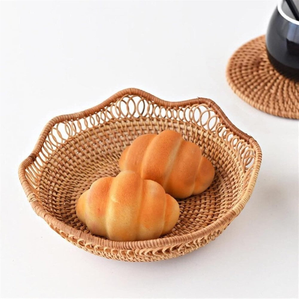 Storage Basket Handwoven Rattan Floral Design