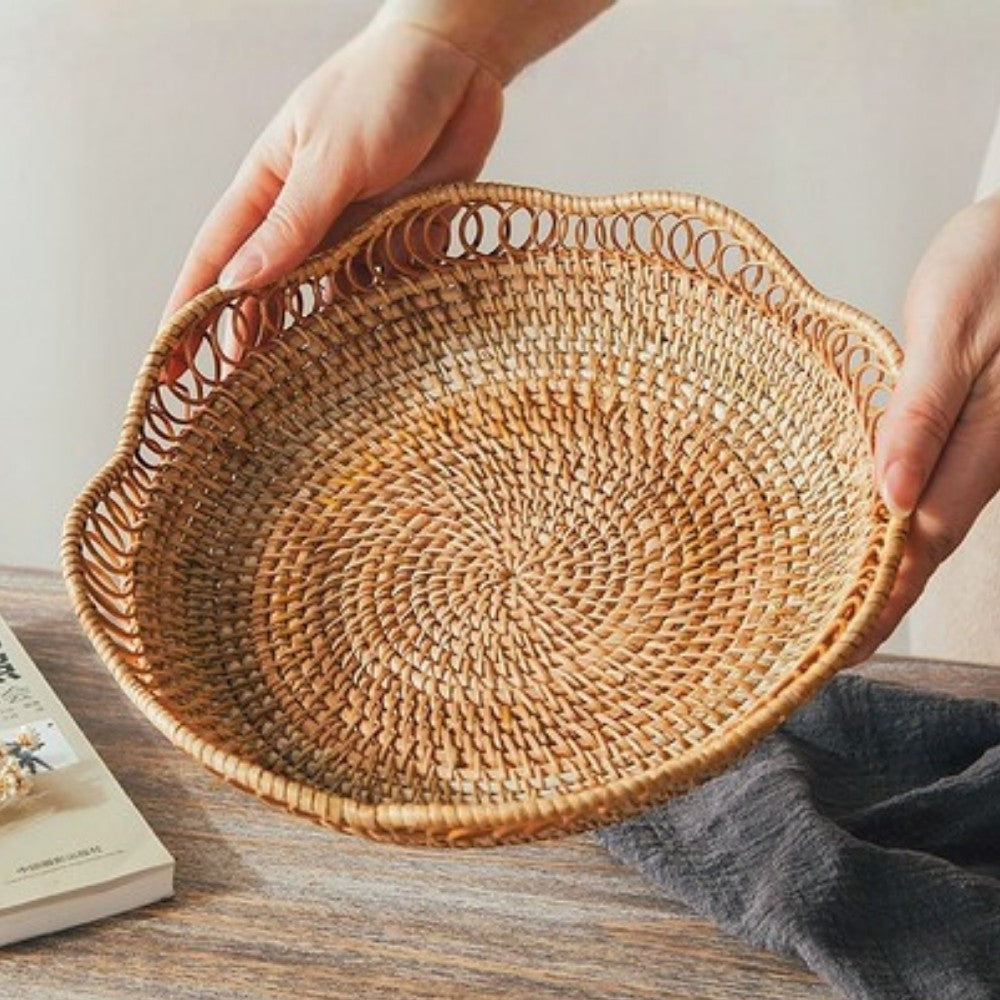 Storage Basket Handwoven Rattan Floral Design