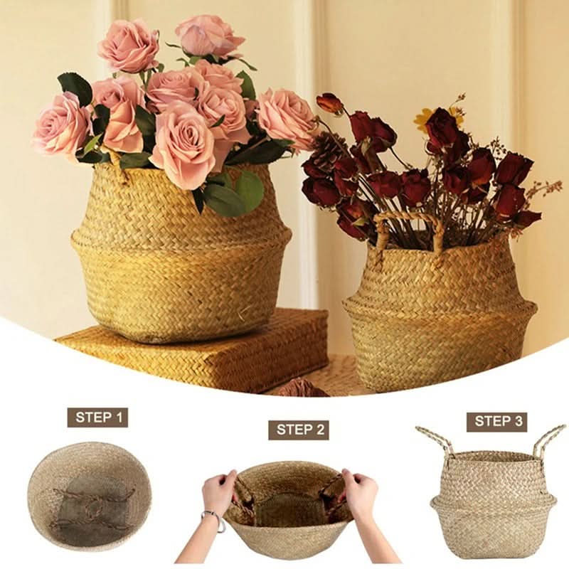 Storage Basket Handwoven Seagrass Foldable With Handles