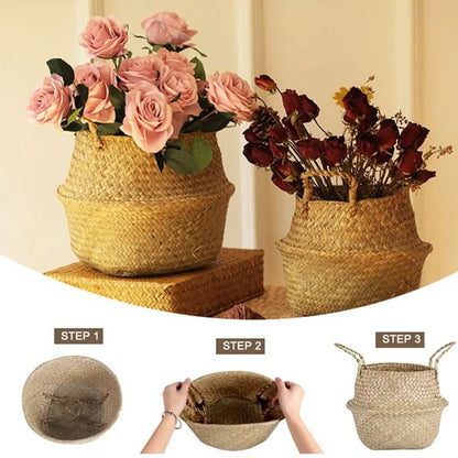 Storage Basket Handwoven Seagrass Foldable With Handles