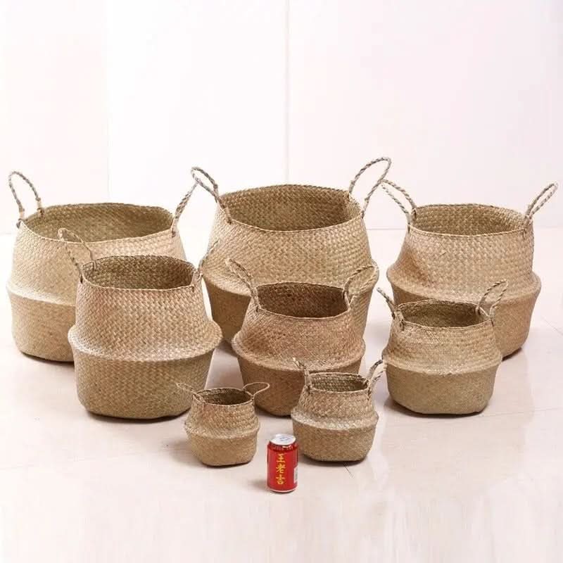 Storage Basket Handwoven Seagrass Foldable With Handles