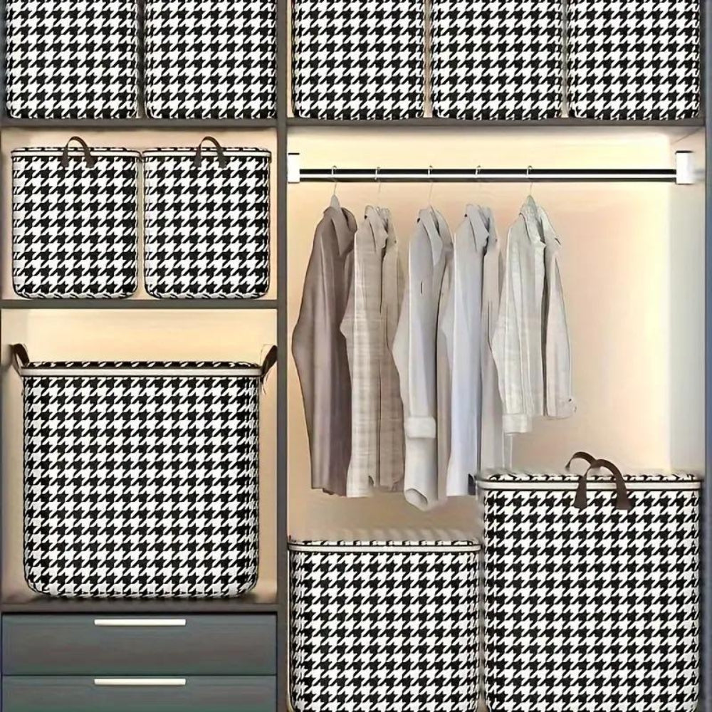 Storage Box Collapsible Houndstooth Large Capacity Zipper & Handles