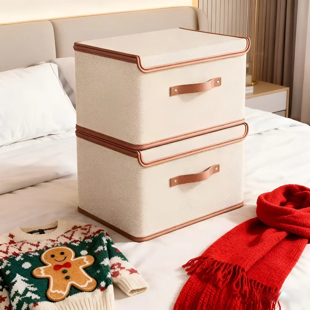 Storage Box Foldable With Protective Lid & Leather Handles