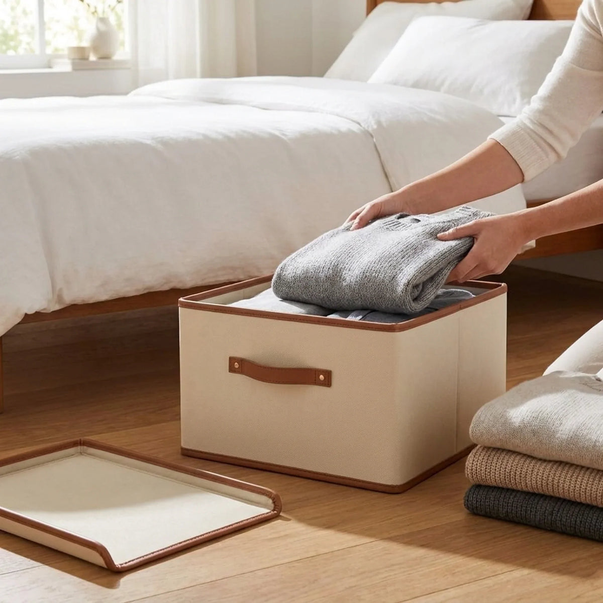 Storage Box Foldable With Protective Lid & Leather Handles