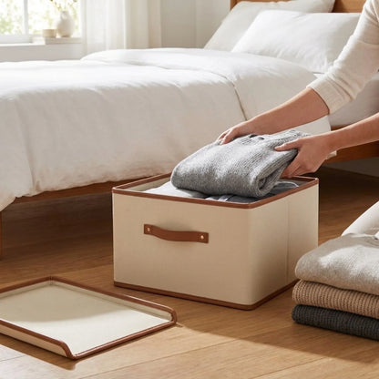 Storage Box Foldable With Protective Lid & Leather Handles