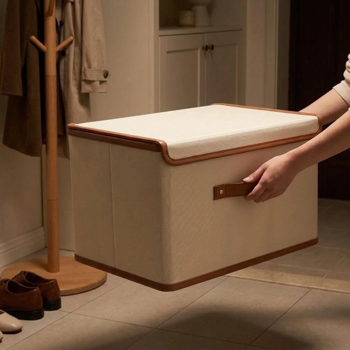 Storage Box Foldable With Protective Lid & Leather Handles