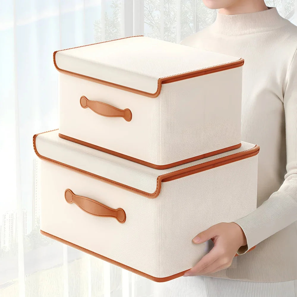 Storage Box Foldable With Protective Lid & Leather Handles