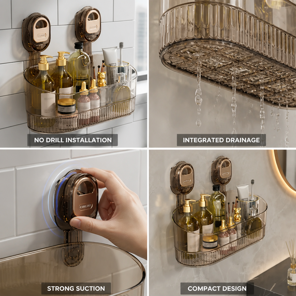 Suction Cup Wall Shelf No Drill Integrated Drainage