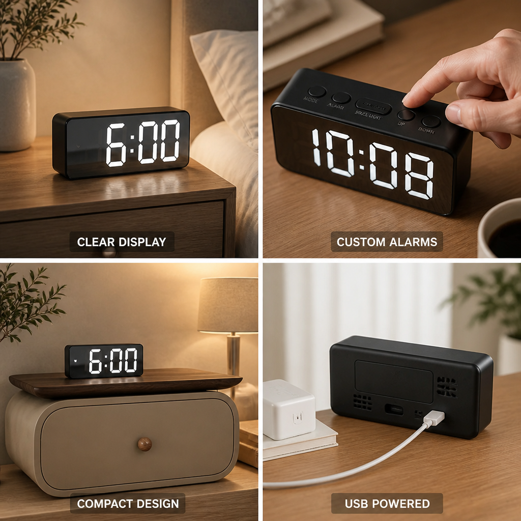 Table Alarm Clock Mirror LED Temp Display USB Powered