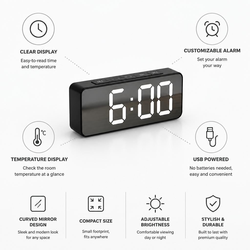Table Alarm Clock Mirror LED Temp Display USB Powered