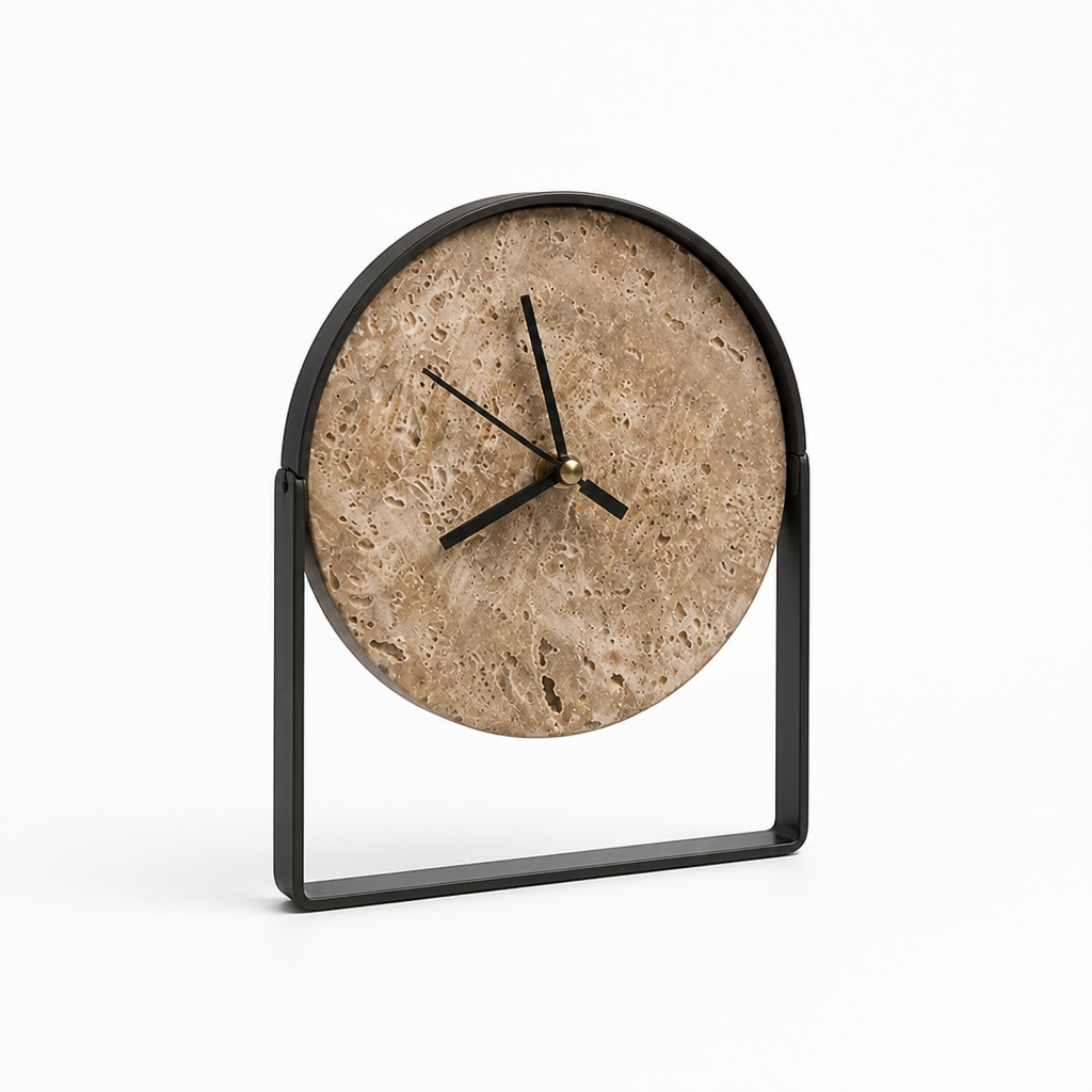 Table Clock Curved Metal Frame Stone Dial