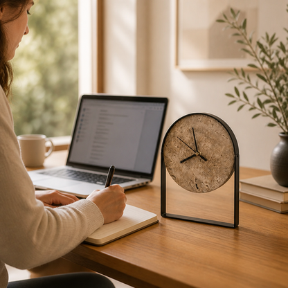 Table Clock Curved Metal Frame Stone Dial