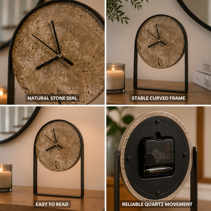 Table Clock Curved Metal Frame Stone Dial