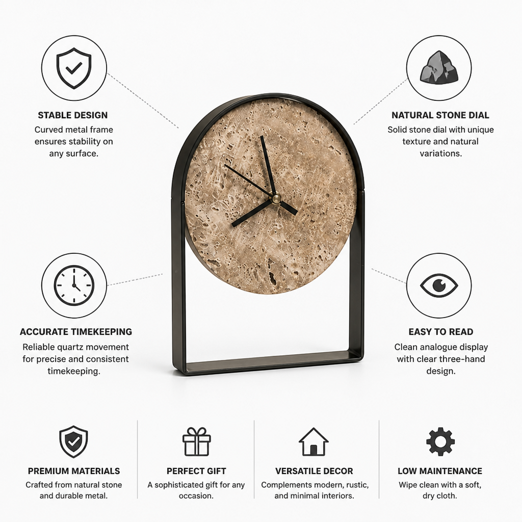 Table Clock Curved Metal Frame Stone Dial