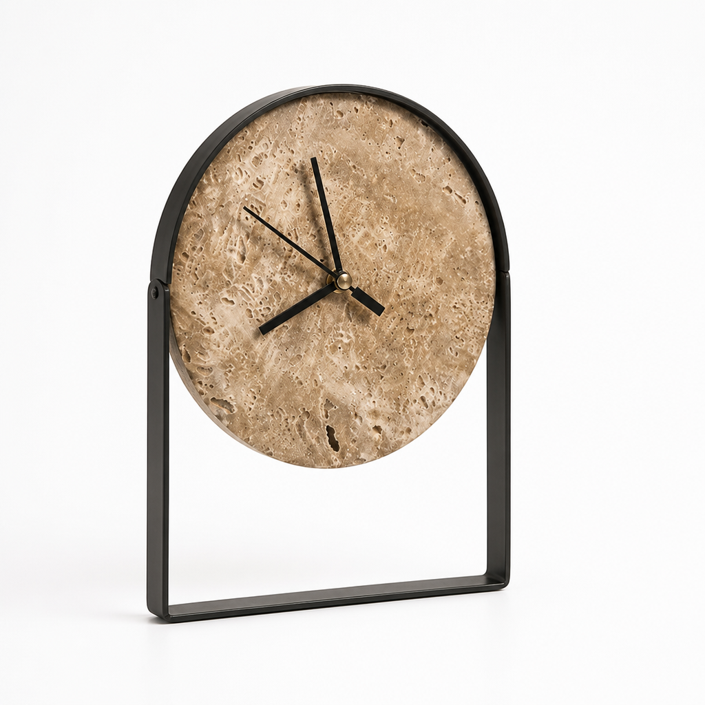 Table Clock Curved Metal Frame Stone Dial