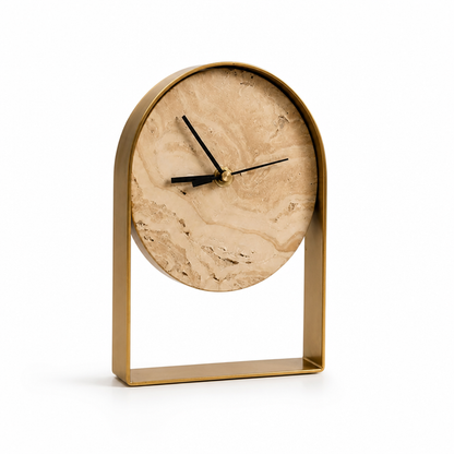 Table Clock Curved Metal Frame Stone Dial