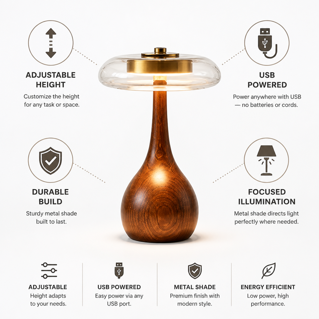 Table Lamp Adjustable Height USB Powered Metal Shade