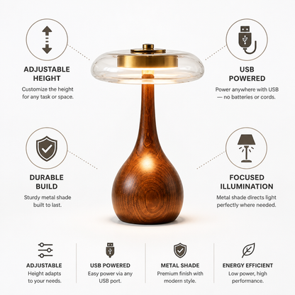 Table Lamp Adjustable Height USB Powered Metal Shade