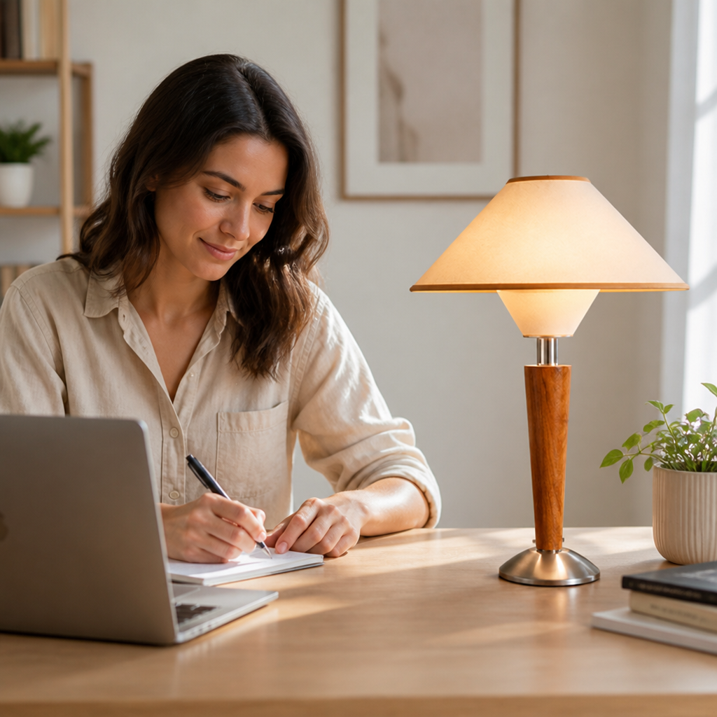 Table Lamp Adjustable Shade Wooden Base