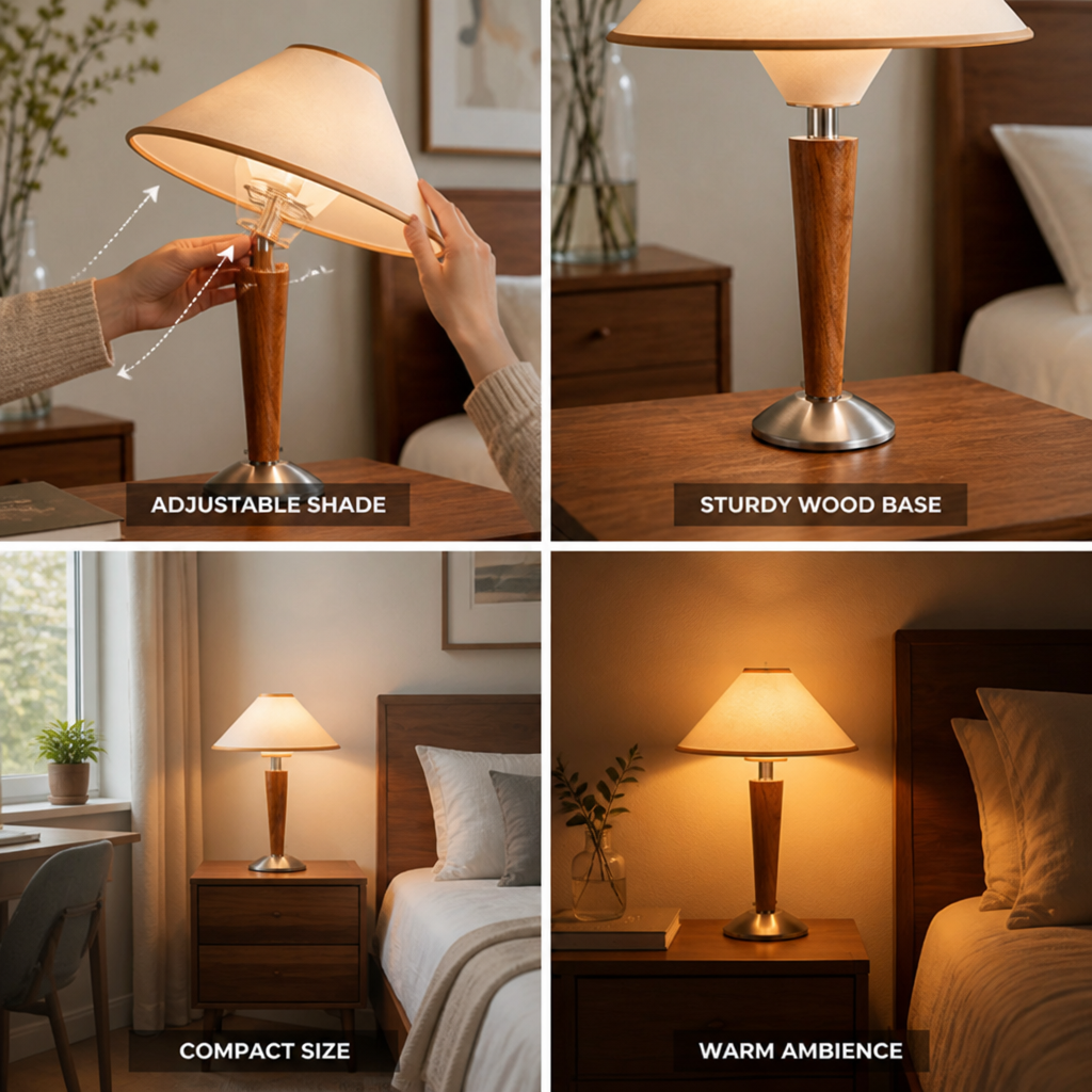 Table Lamp Adjustable Shade Wooden Base