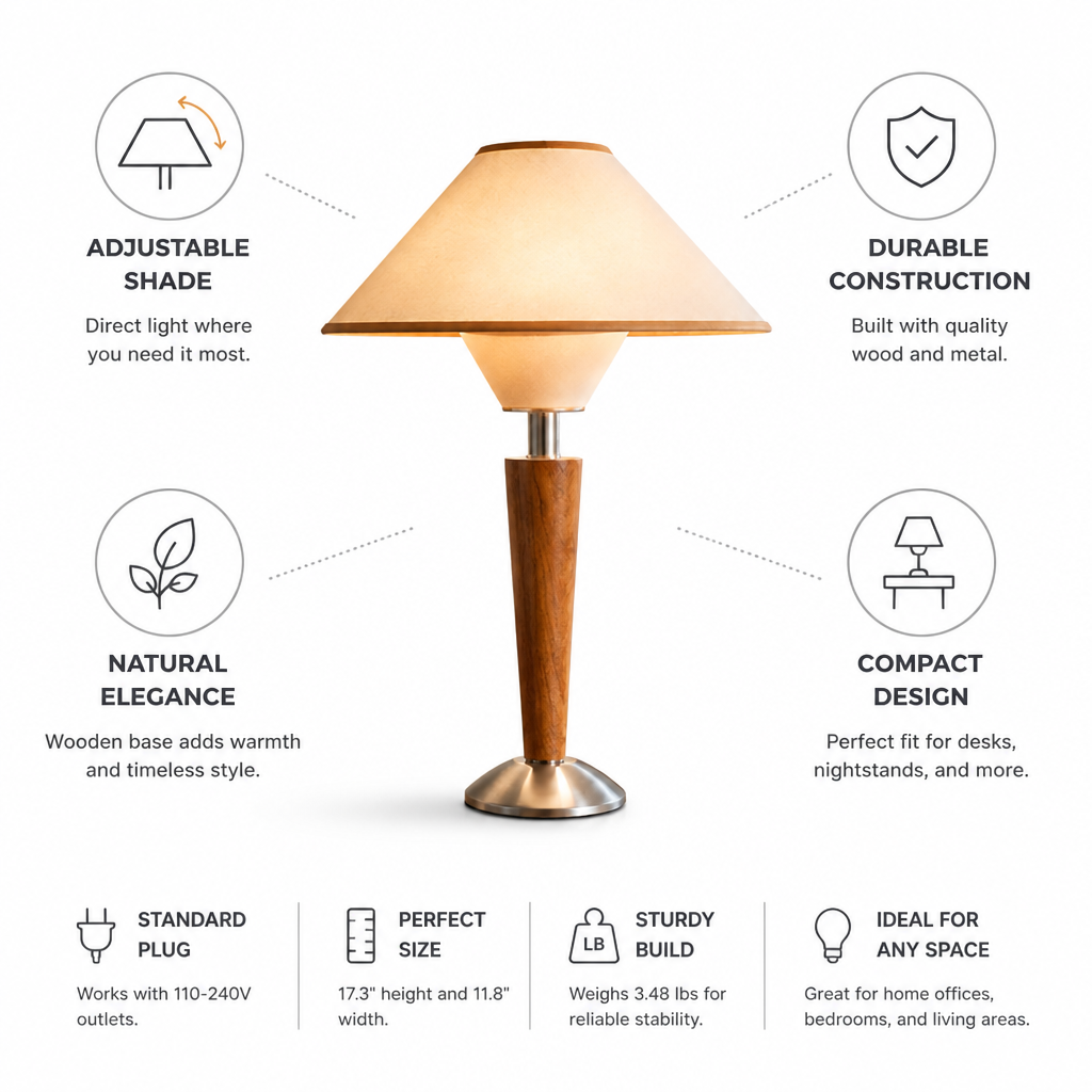 Table Lamp Adjustable Shade Wooden Base