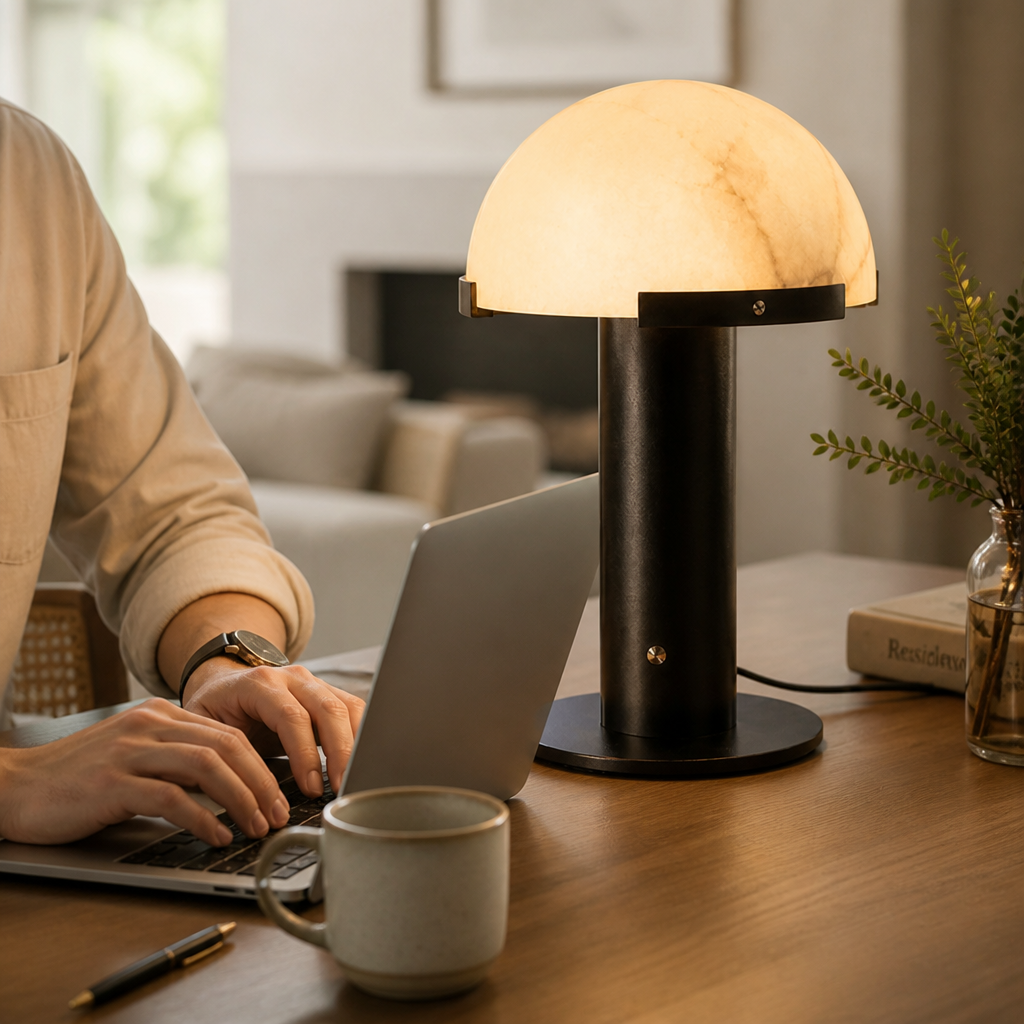 Table Lamp Alabaster Shade Bronze Base LED Compatible