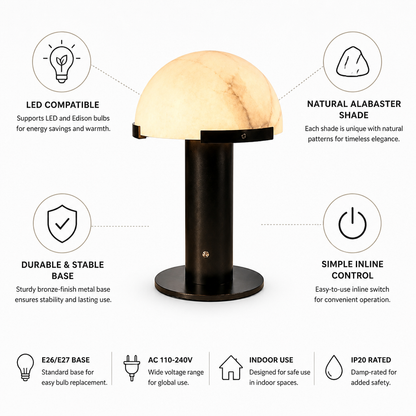 Table Lamp Alabaster Shade Bronze Base LED Compatible