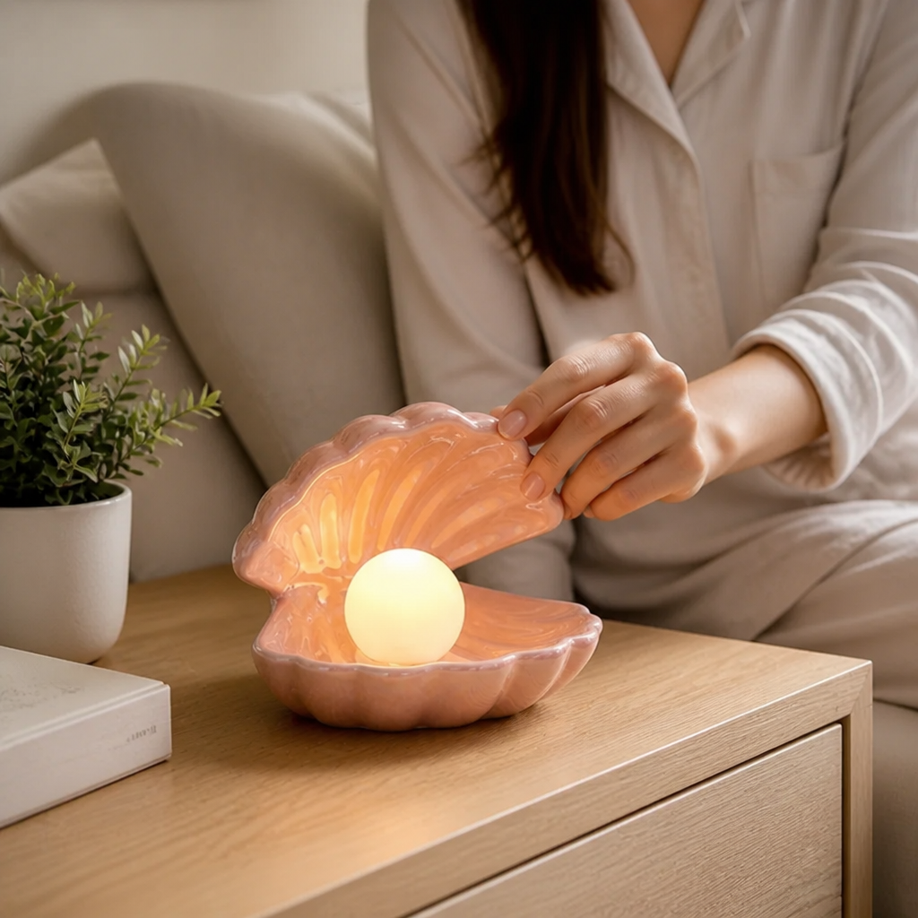Table Lamp Ceramic Shell Cordless Removable Pearl Light