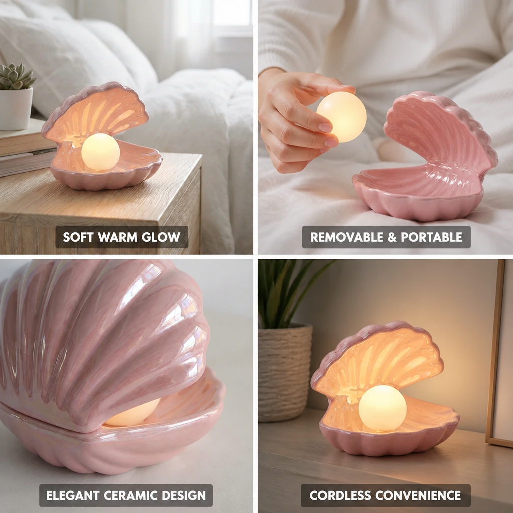 Table Lamp Ceramic Shell Cordless Removable Pearl Light