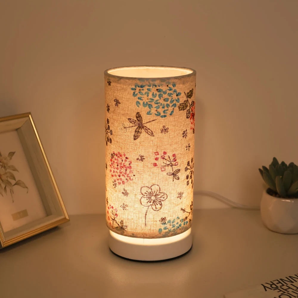 Table Lamp Floral Fabric Shade Warm Glow