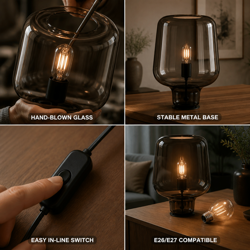 Table Lamp Hand-Blown Glass Metal Base & Inline Switch