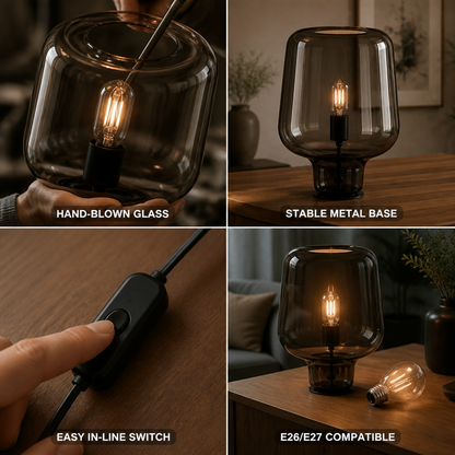 Table Lamp Hand-Blown Glass Metal Base & Inline Switch
