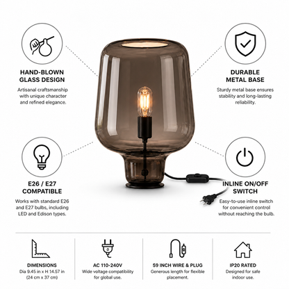 Table Lamp Hand-Blown Glass Metal Base & Inline Switch