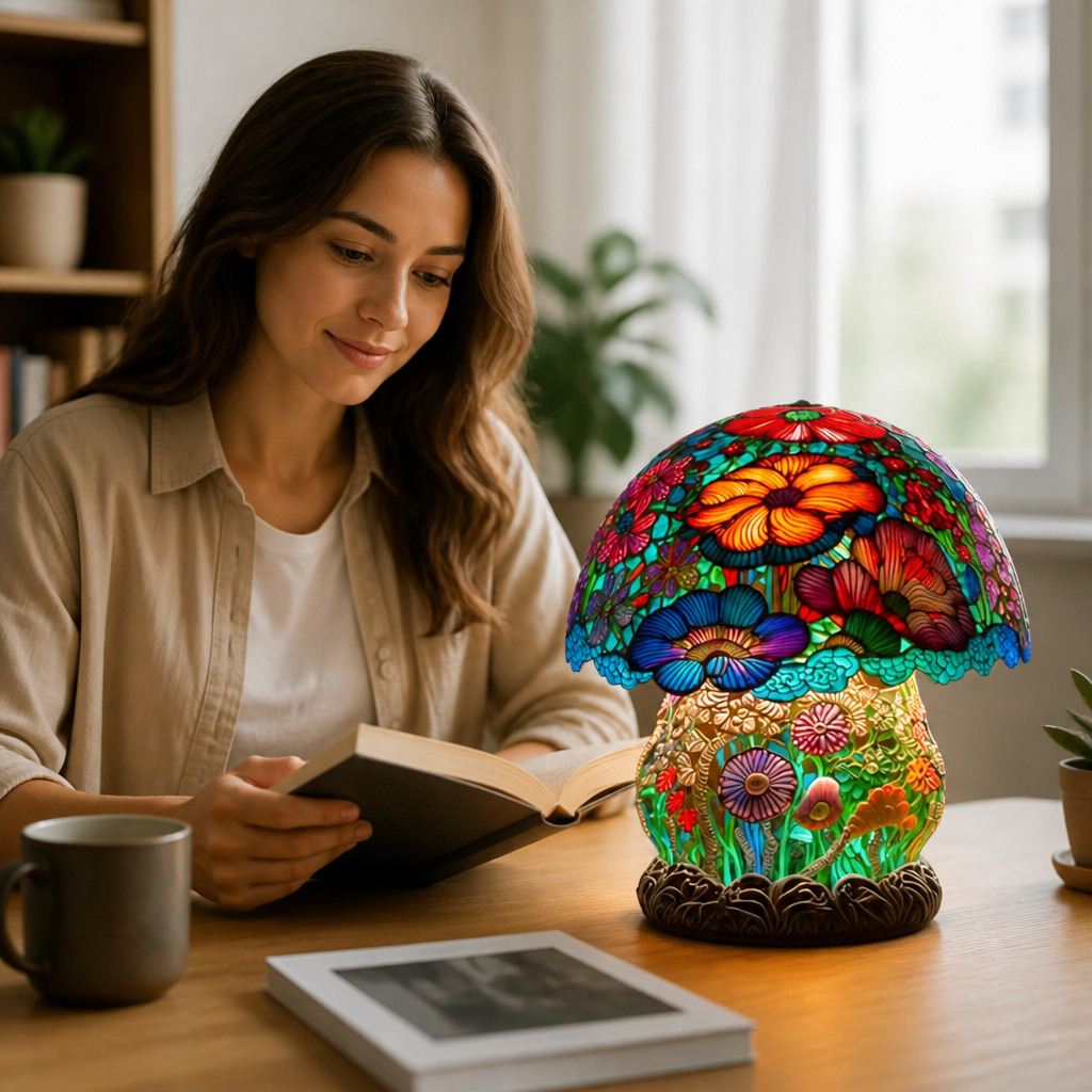 Table Lamp Handcrafted Resin Ambient Light Mushroom & Flower Motifs