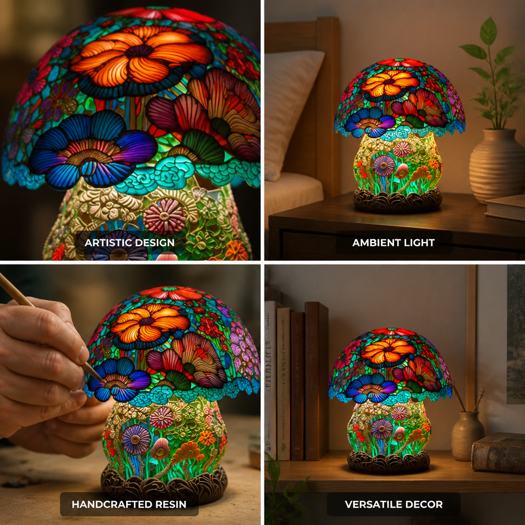 Table Lamp Handcrafted Resin Ambient Light Mushroom & Flower Motifs