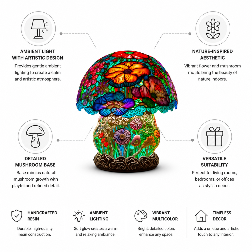 Table Lamp Handcrafted Resin Ambient Light Mushroom & Flower Motifs