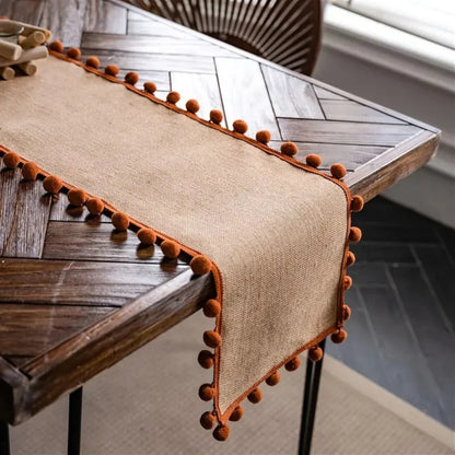 Table Runner 100% Jute Pom-Pom Trim