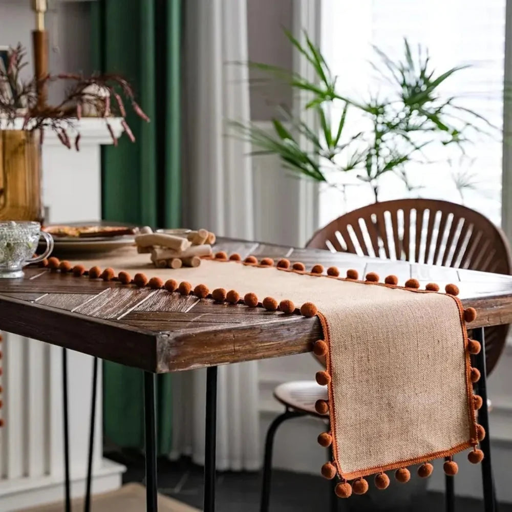 Table Runner 100% Jute Pom-Pom Trim