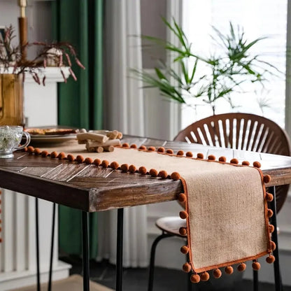 Table Runner 100% Jute Pom-Pom Trim