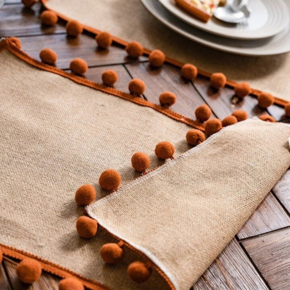 Table Runner 100% Jute Pom-Pom Trim