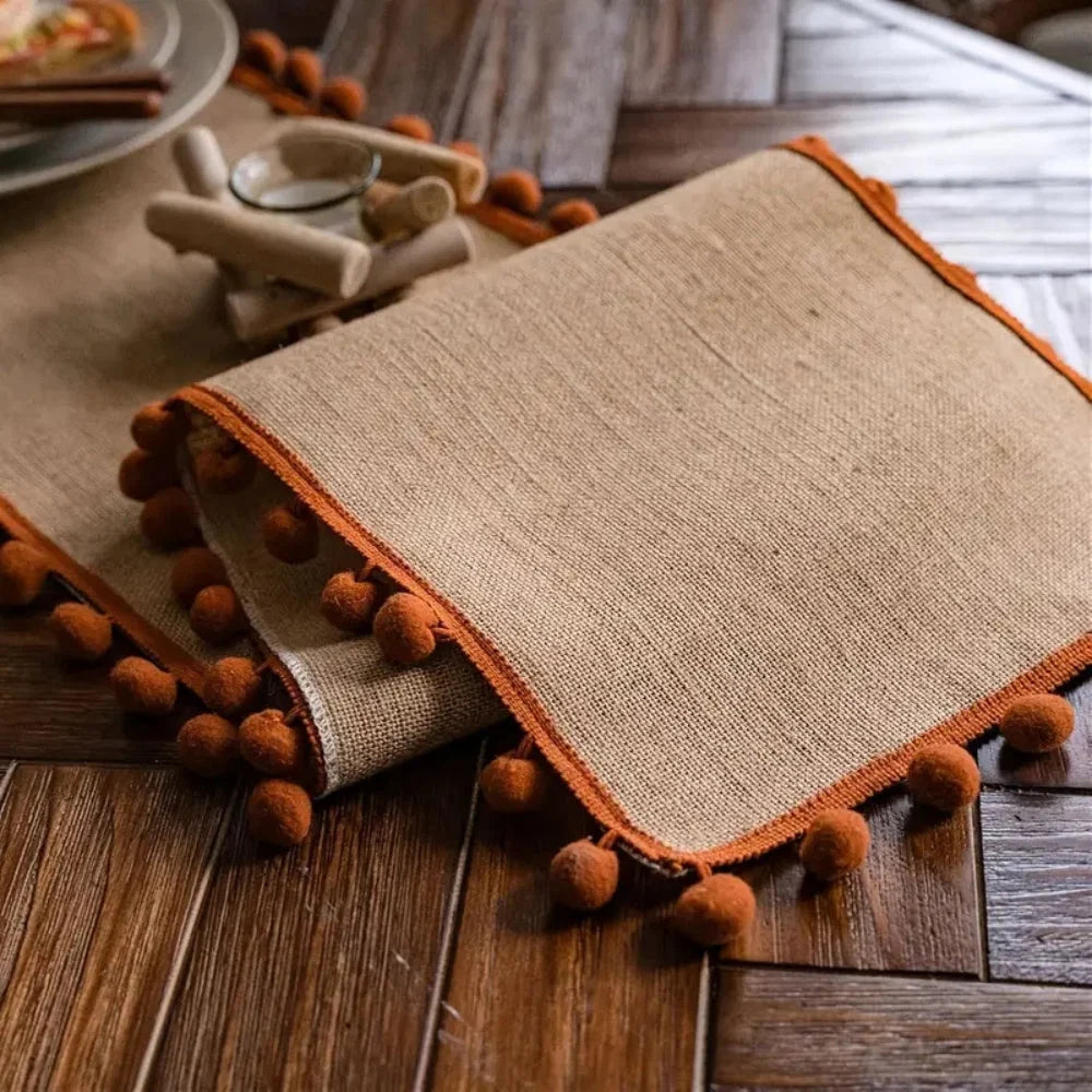 Table Runner 100% Jute Pom-Pom Trim