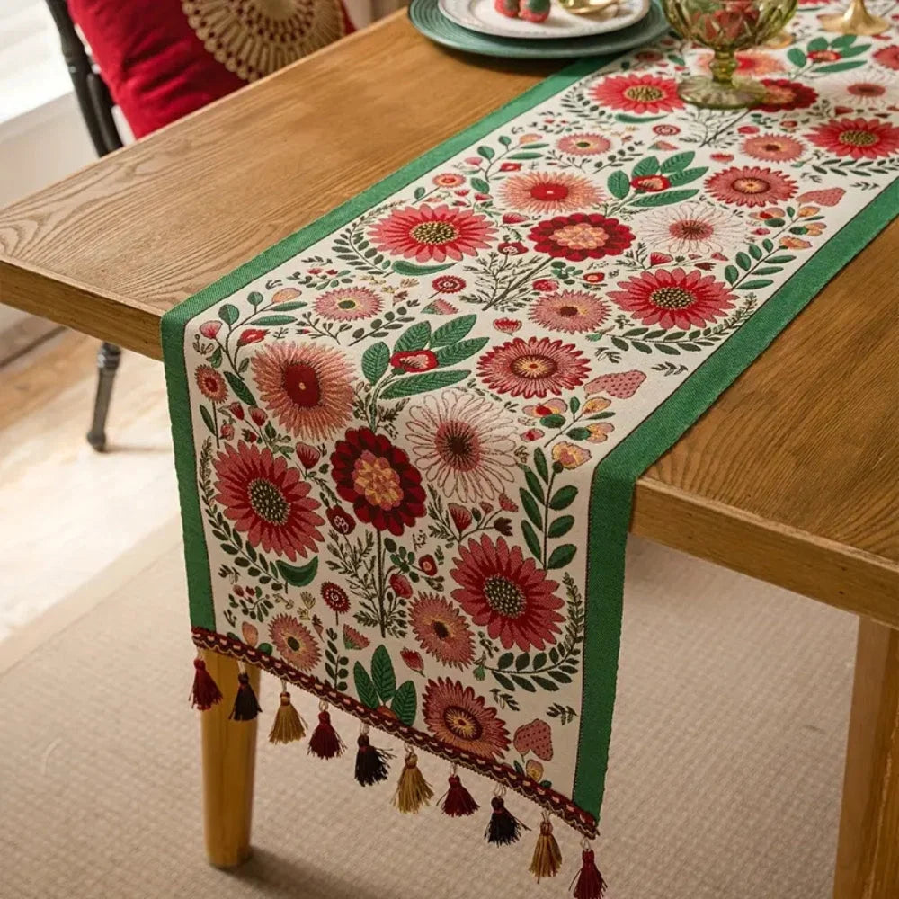 Table Runner Embroidered Floral Tassels Microfiber & Machine Washable