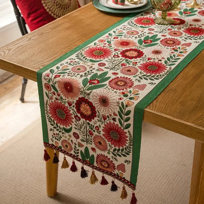 Table Runner Embroidered Floral Tassels Microfiber & Machine Washable