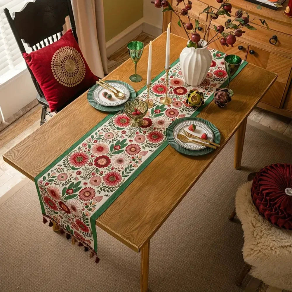 Table Runner Embroidered Floral Tassels Microfiber & Machine Washable