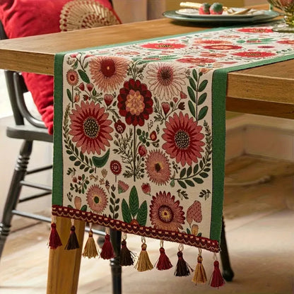 Table Runner Embroidered Floral Tassels Microfiber & Machine Washable