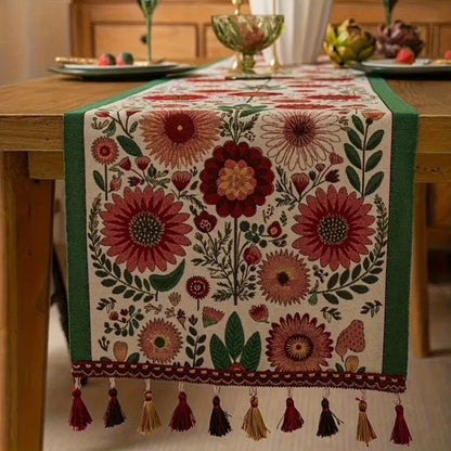 Table Runner Embroidered Floral Tassels Microfiber & Machine Washable