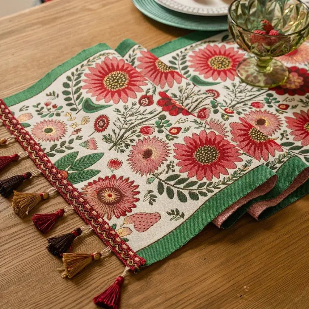 Table Runner Embroidered Floral Tassels Microfiber & Machine Washable