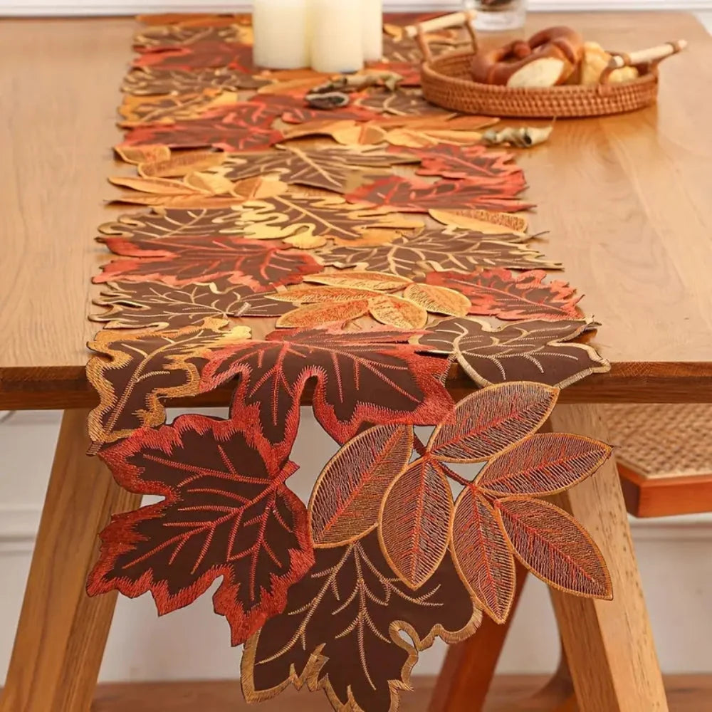 Table Runner Embroidered Maple Leaf Woven Microfiber