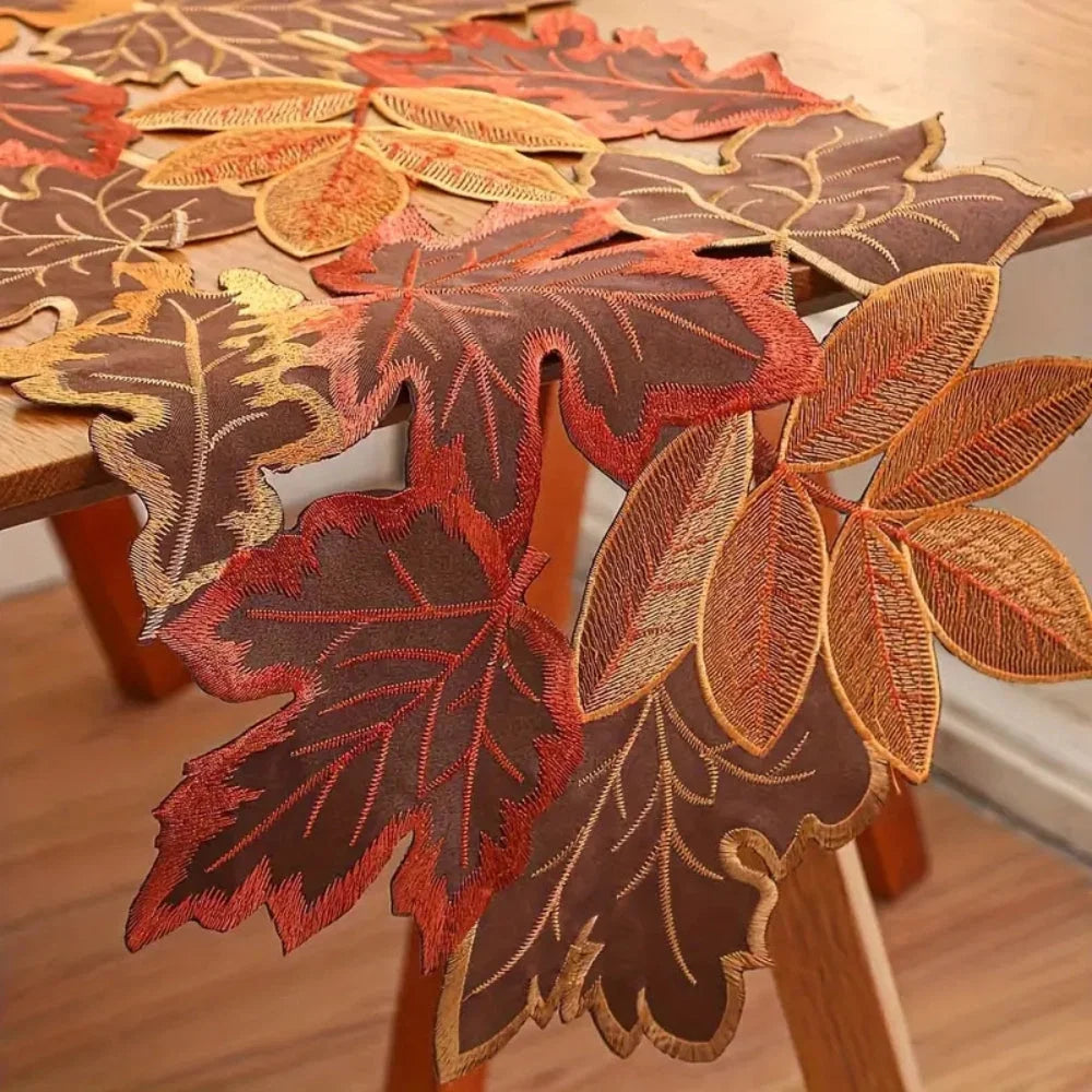 Table Runner Embroidered Maple Leaf Woven Microfiber