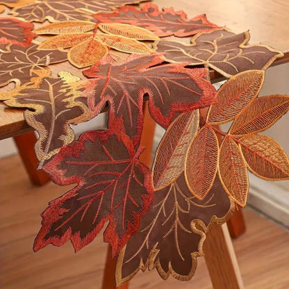 Table Runner Embroidered Maple Leaf Woven Microfiber